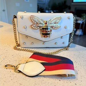 Elegant White Designer Bee Embellished Bag